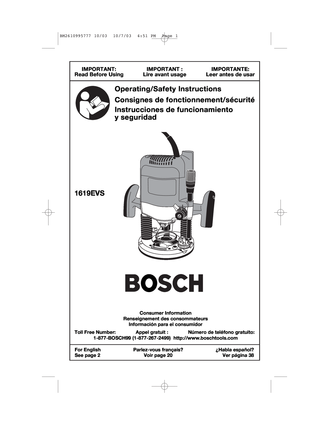 Bosch Power Tools 1619EVS manual Importante, Read Before Using, Lire avant usage, Leer antes de usar 