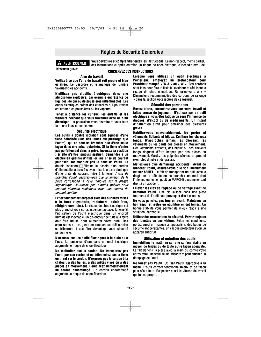 Bosch Power Tools 1619EVS manual Règles de Sécurité Générales, Aire de travail, Sécurité électrique, Sécurité des personnes 