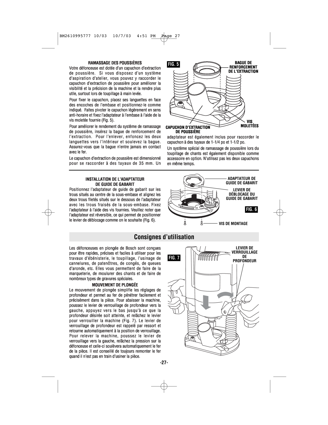 Bosch Power Tools 1619EVS manual Consignes d’utilisation, Ramassage Des Poussières, Mouvement De Plongée 