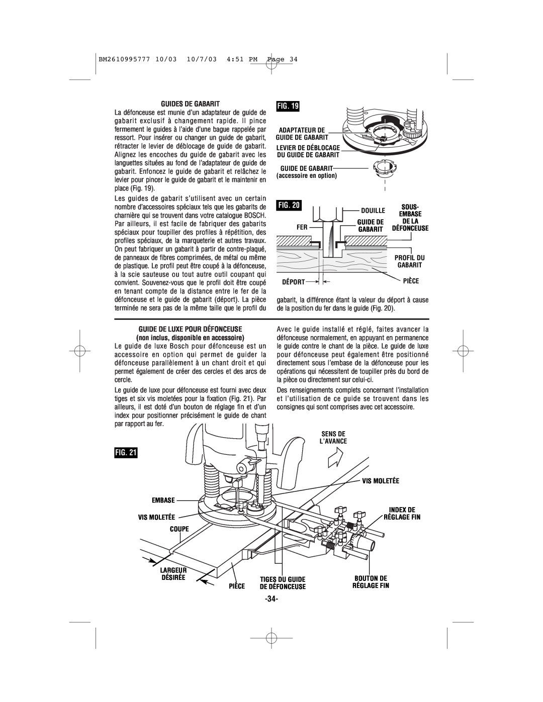 Bosch Power Tools 1619EVS BM2610995777 10/03 10/7/03 451 PM Page, Guides De Gabarit, Douille, Déport, Pièce, Vis Moletée 