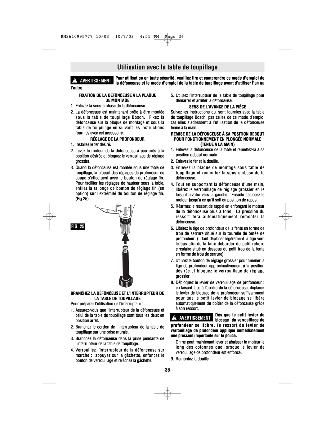 Bosch Power Tools 1619EVS manual Utilisation avec la table de toupillage, Avertissement, l’autre, De Montage 