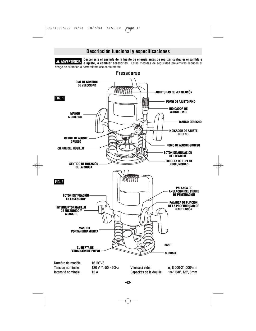 Bosch Power Tools 1619EVS Descripción funcional y especificaciones, Fresadoras, 10/7/03 451 PM Page, Mango, Ajuste Fino 