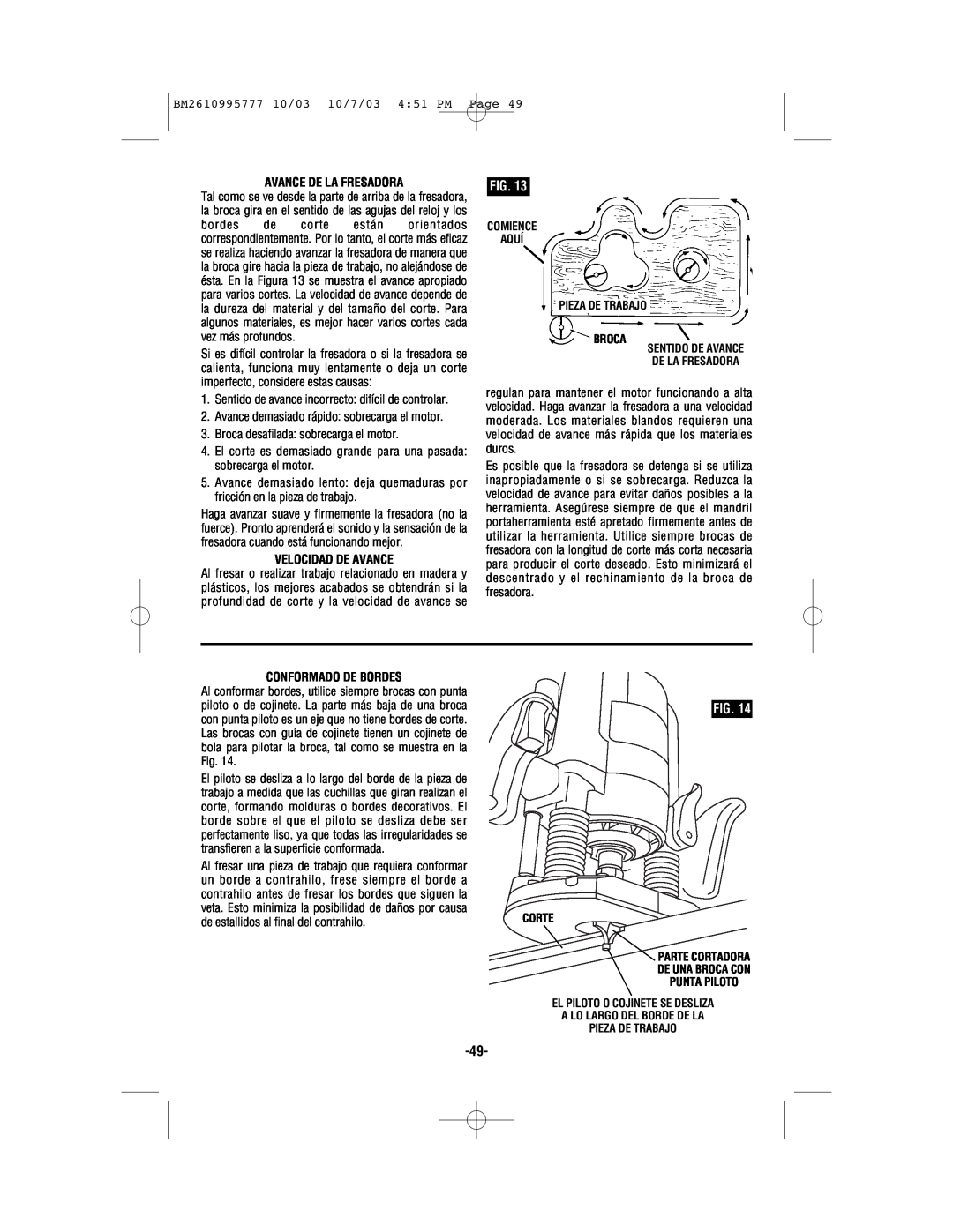 Bosch Power Tools 1619EVS manual BM2610995777 10/03 10/7/03 451 PM Page, Avance De La Fresadora, Velocidad De Avance 