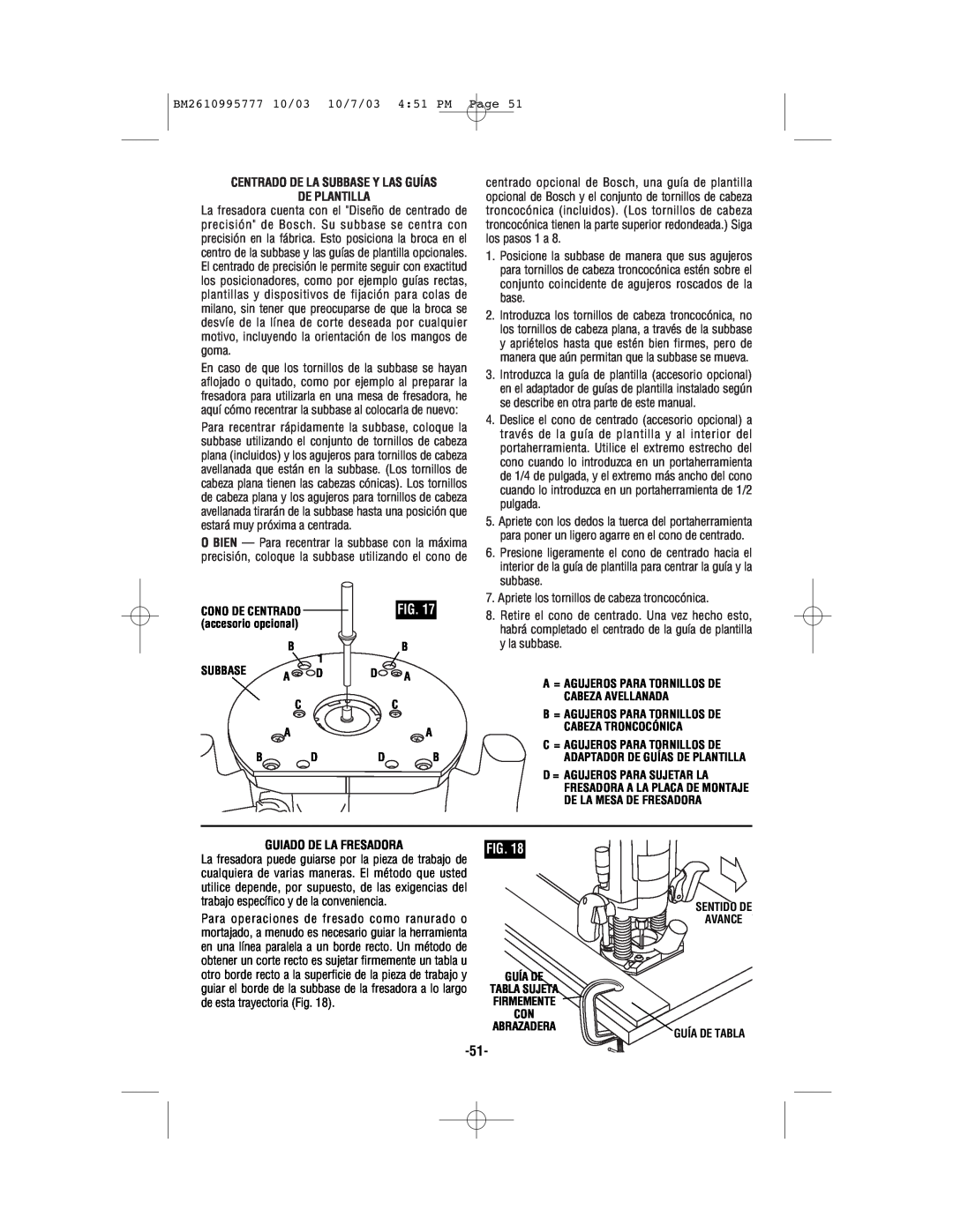 Bosch Power Tools 1619EVS BM2610995777 10/03 10/7/03 451 PM Page, Centrado De La Subbase Y Las Guías De Plantilla, C A B D 