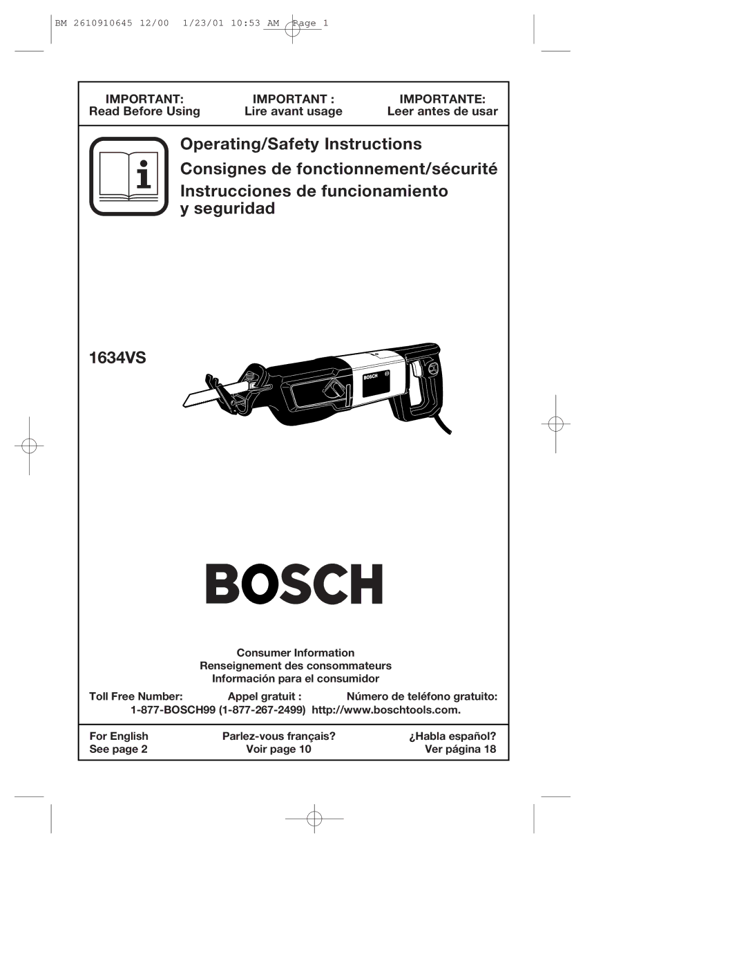 Bosch Power Tools 1634VS manual Read Before Using Lire avant usage Leer antes de usar 