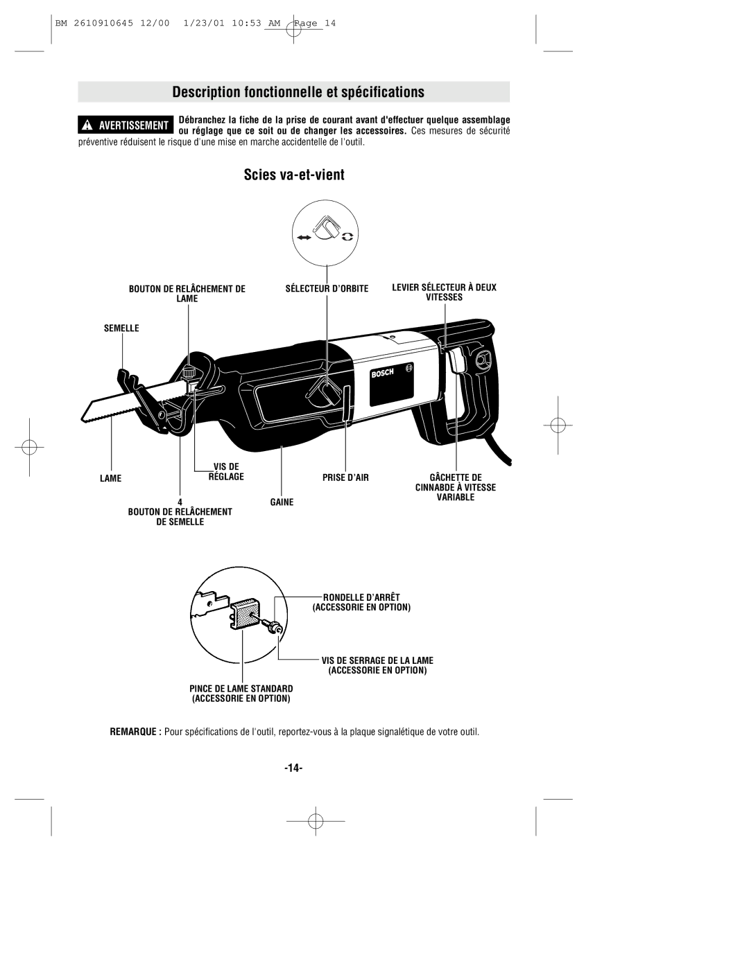 Bosch Power Tools 1634VS manual Description fonctionnelle et spécifications, Scies va-et-vient 