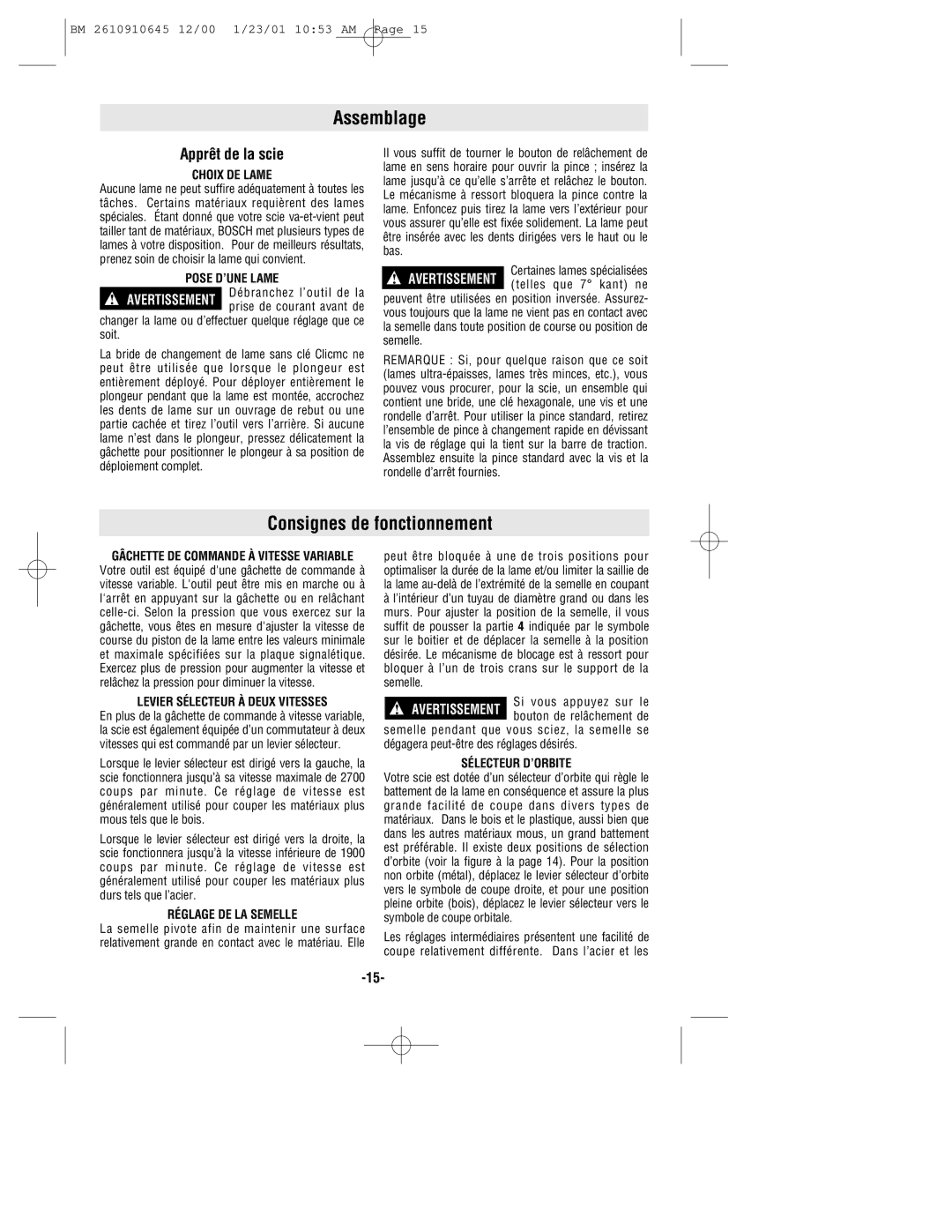 Bosch Power Tools 1634VS manual Assemblage, Consignes de fonctionnement, Apprêt de la scie 