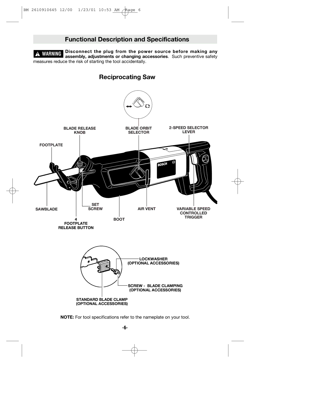 Bosch Power Tools 1634VS manual Functional Description and Specifications, Reciprocating Saw 