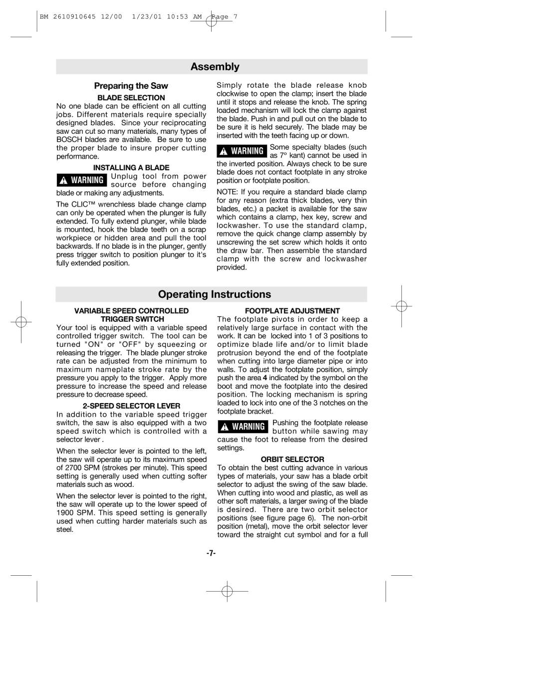 Bosch Power Tools 1634VS manual Assembly, Operating Instructions, Preparing the Saw 