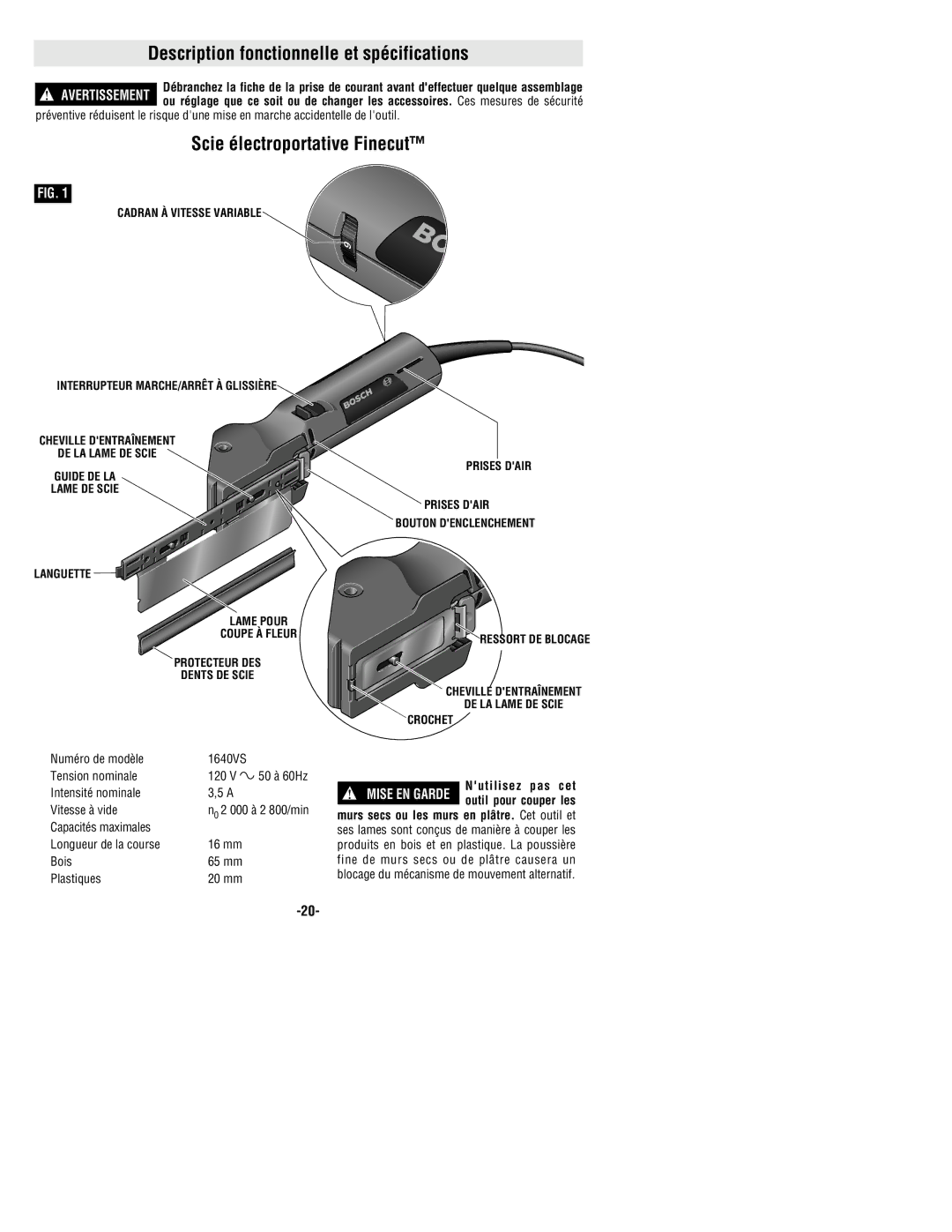 Bosch Power Tools 1640VSK manual Description fonctionnelle et spécifications, Scie électroportative Finecut 