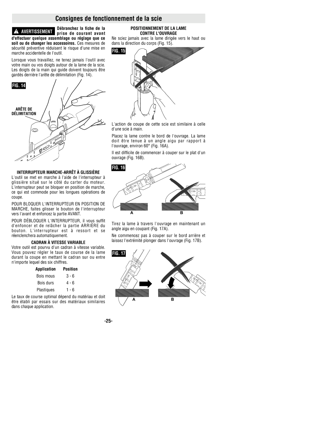 Bosch Power Tools 1640VSK manual Consignes de fonctionnement de la scie, Cadran À Vitesse Variable 