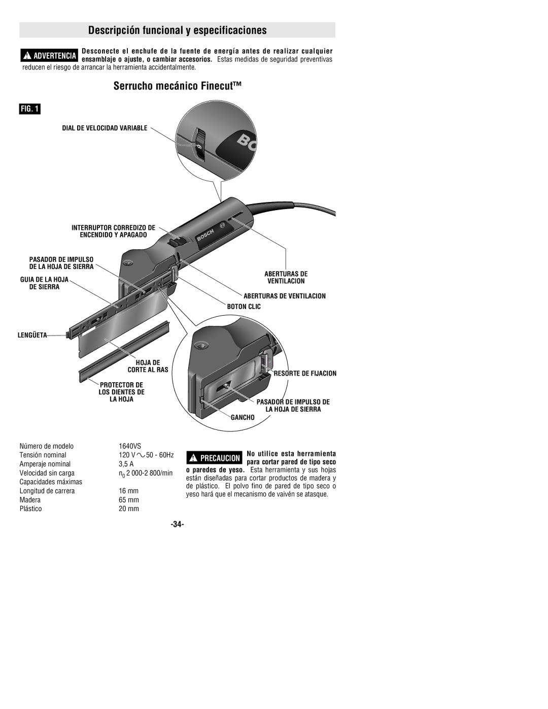 Bosch Power Tools 1640VSK manual Descripción funcional y especificaciones, Serrucho mecánico Finecut 