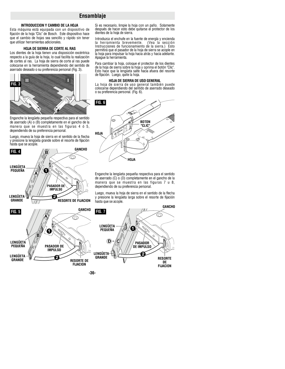 Bosch Power Tools 1640VSK manual Ensamblaje, Introduccion Y Cambio DE LA Hoja, Hoja DE Sierra DE Corte AL RAS 