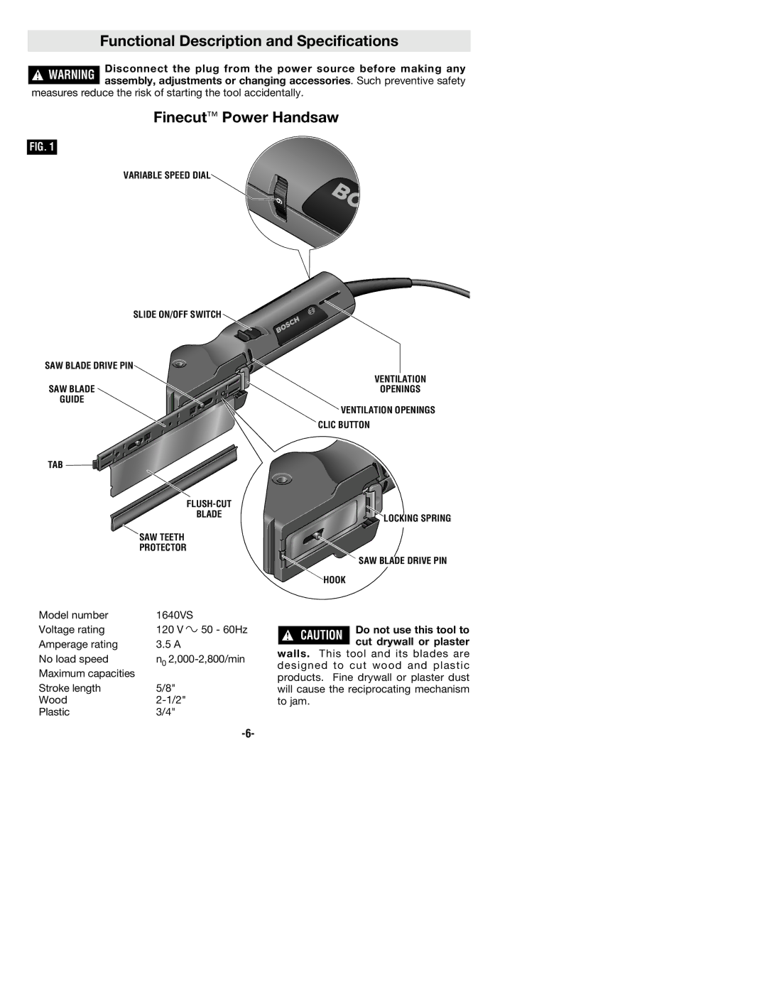 Bosch Power Tools 1640VSK manual Functional Description and Specifications, Finecut Power Handsaw 