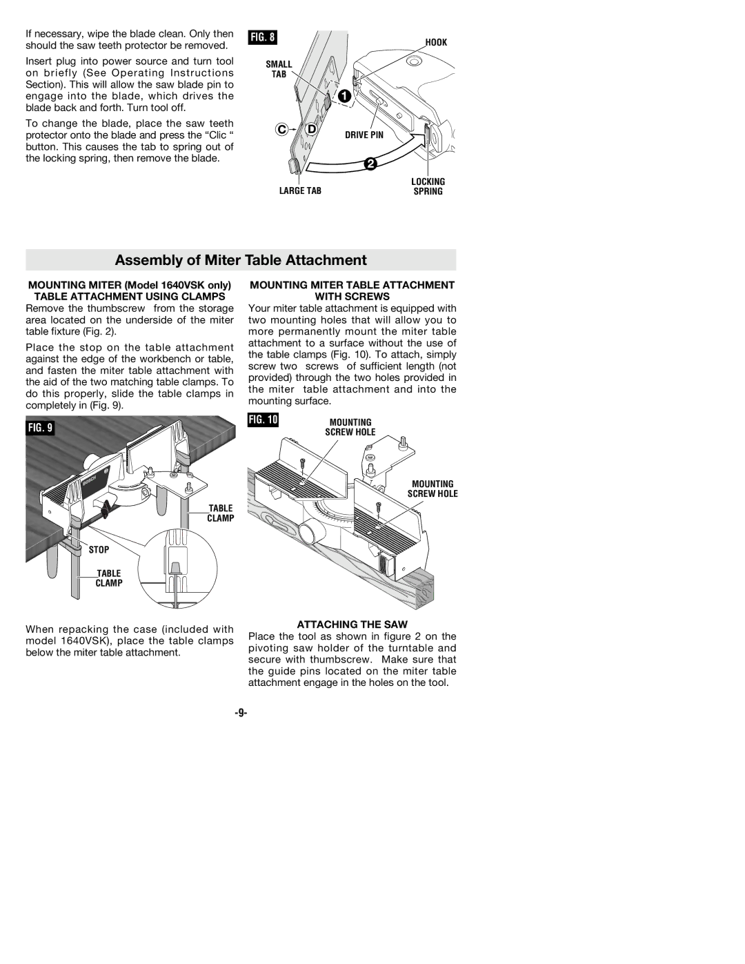 Bosch Power Tools 1640VSK manual Assembly of Miter Table Attachment, Mounting Miter Table Attachment With Screws 