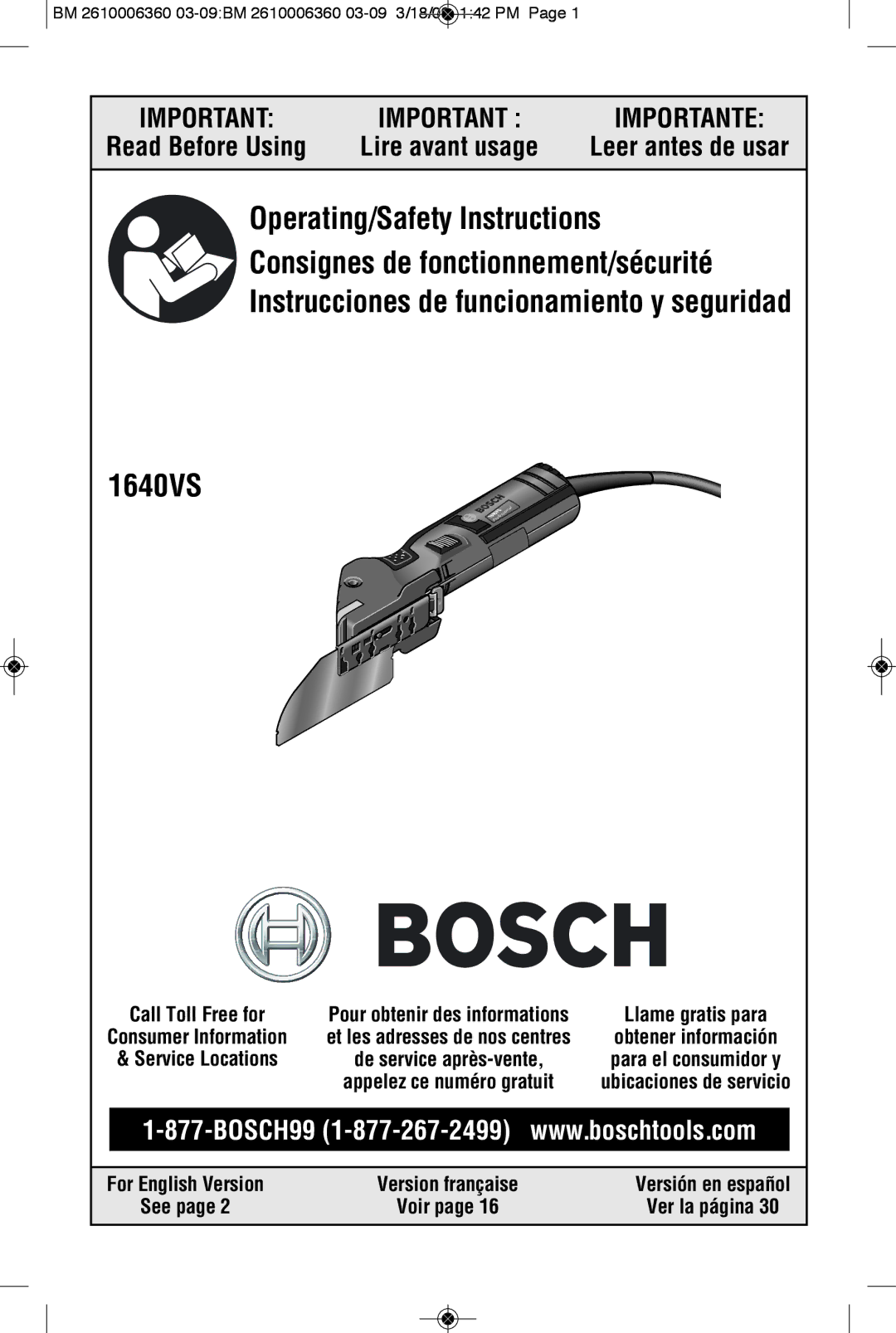 Bosch Power Tools 1640VS manual Leer antes de usar, BM 2610006360 03-09BM 2610006360 03-09 3/18/09 142 PM, See 