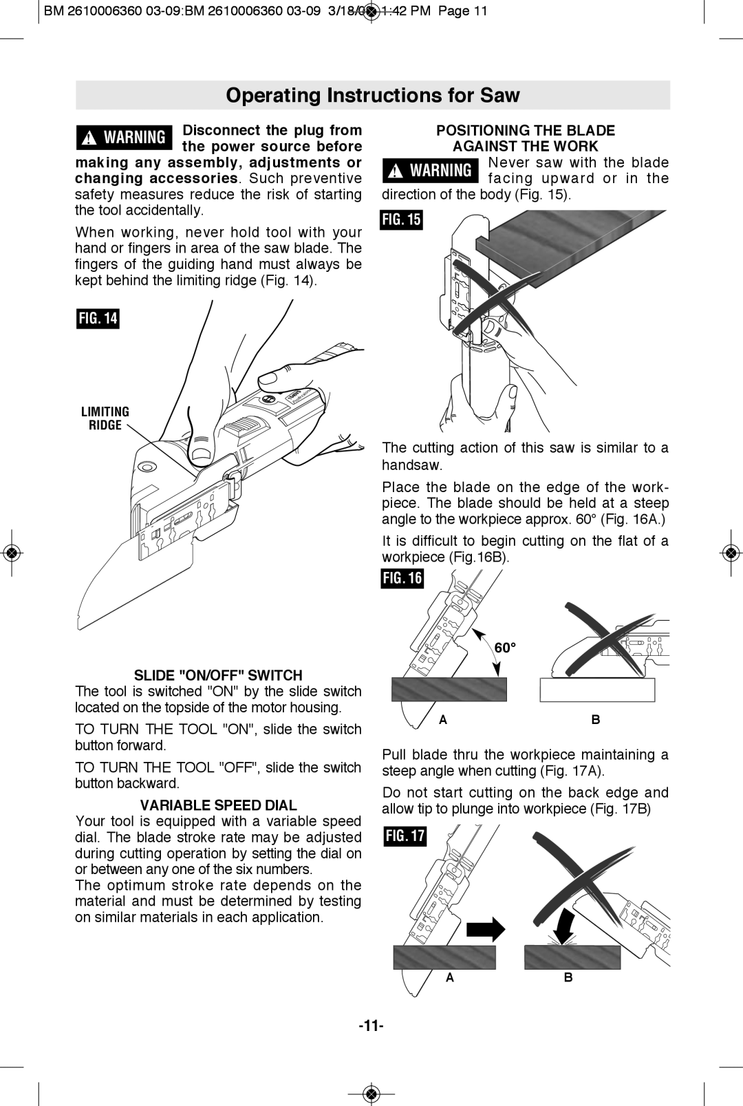 Bosch Power Tools 1640VS manual Operating Instructions for Saw, Positioning the Blade Against the Work, Slide ON/OFF Switch 