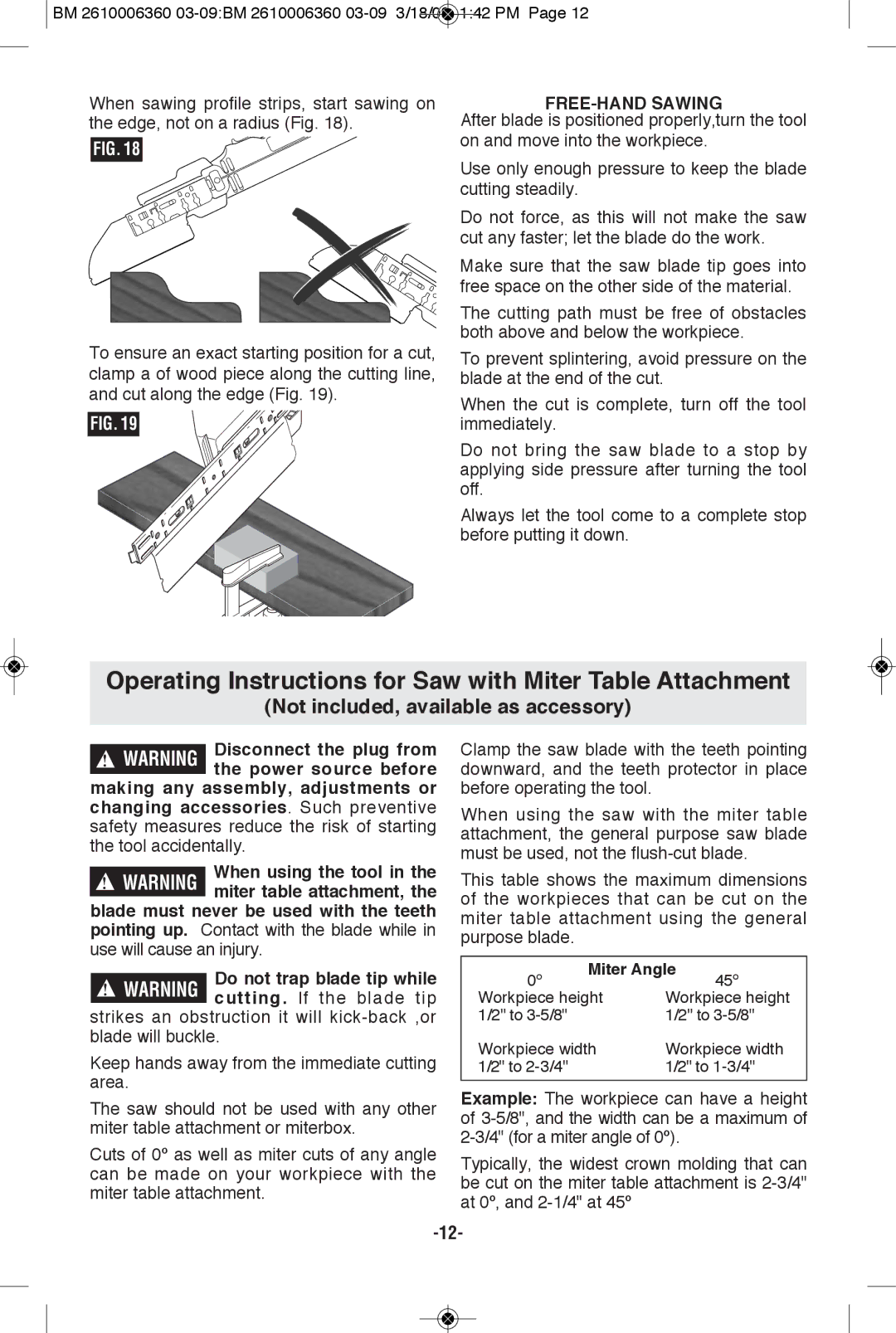 Bosch Power Tools 1640VS Operating Instructions for Saw with Miter Table Attachment, FREE-HAND Sawing, Miter Angle, 45º 