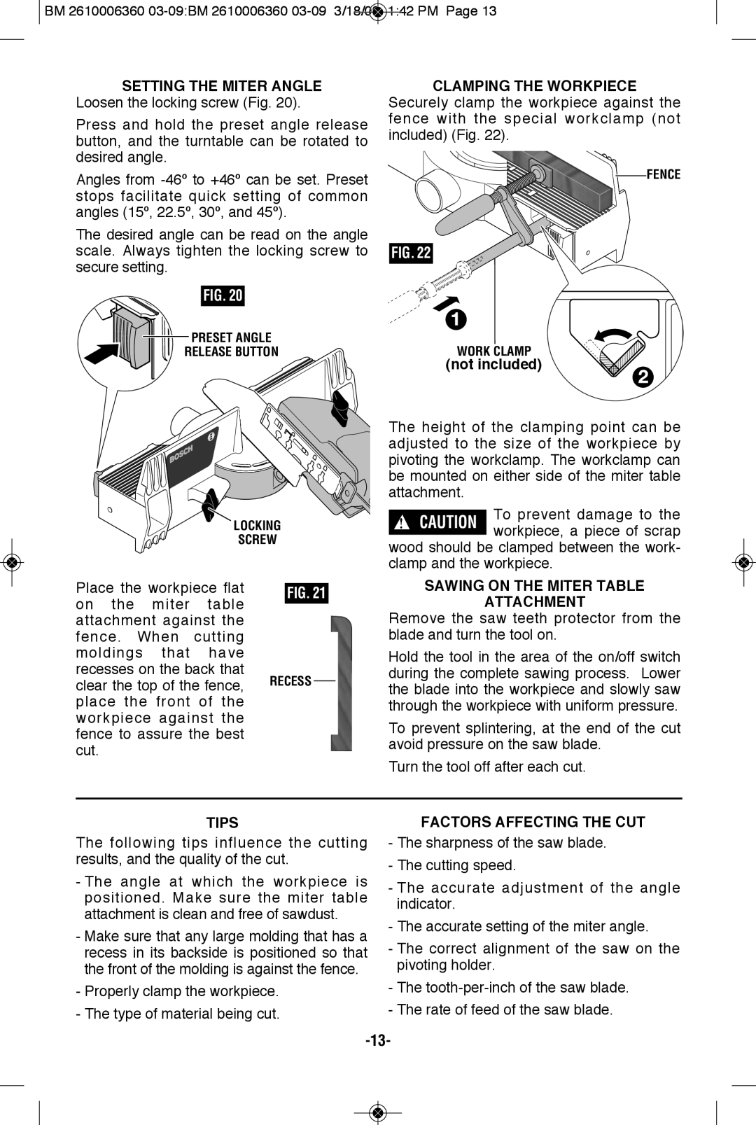 Bosch Power Tools 1640VS manual Setting the Miter Angle Loosen the locking screw Fig, Clamping the Workpiece, Tips 