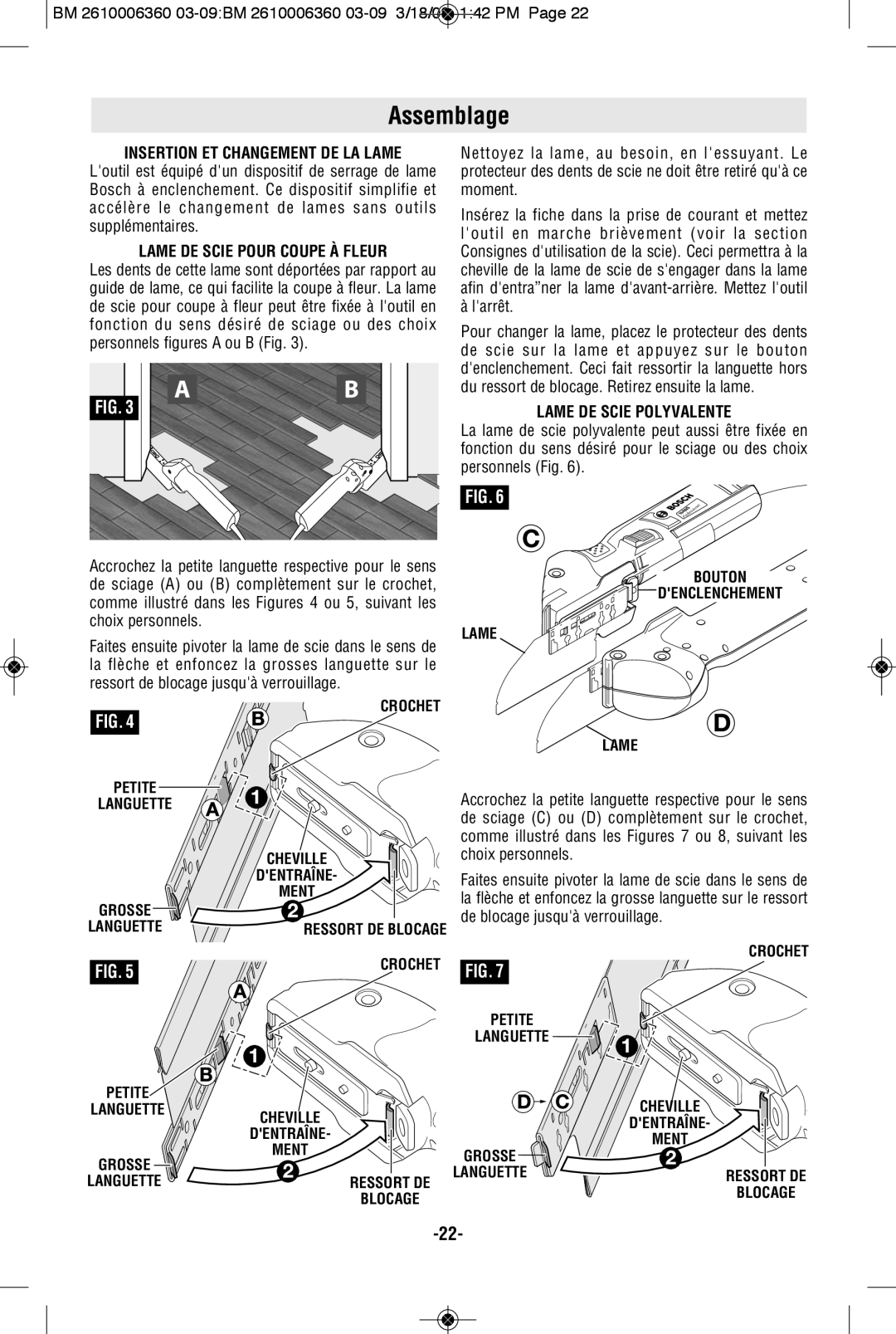 Bosch Power Tools 1640VS manual Assemblage, Insertion ET Changement DE LA Lame, Lame DE Scie Pour Coupe À Fleur 