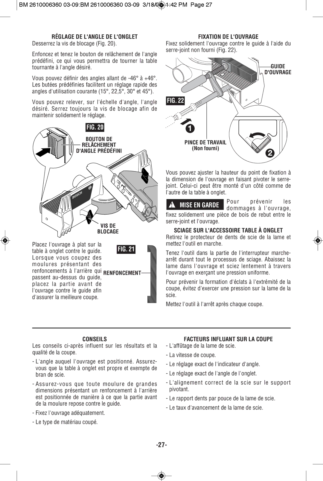 Bosch Power Tools 1640VS manual Fixation DE Louvrage, Sciage SUR Laccessoire Table À Onglet, Conseils 