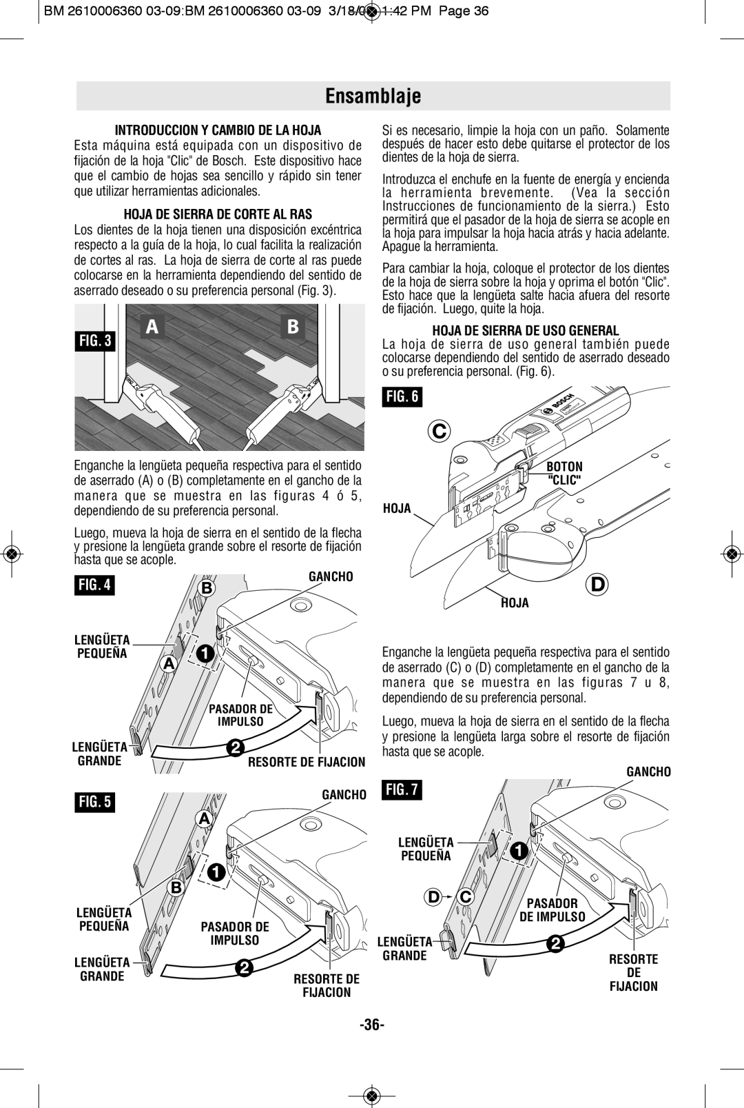 Bosch Power Tools 1640VS manual Ensamblaje, Introduccion Y Cambio DE LA Hoja, Hoja DE Sierra DE Corte AL RAS 