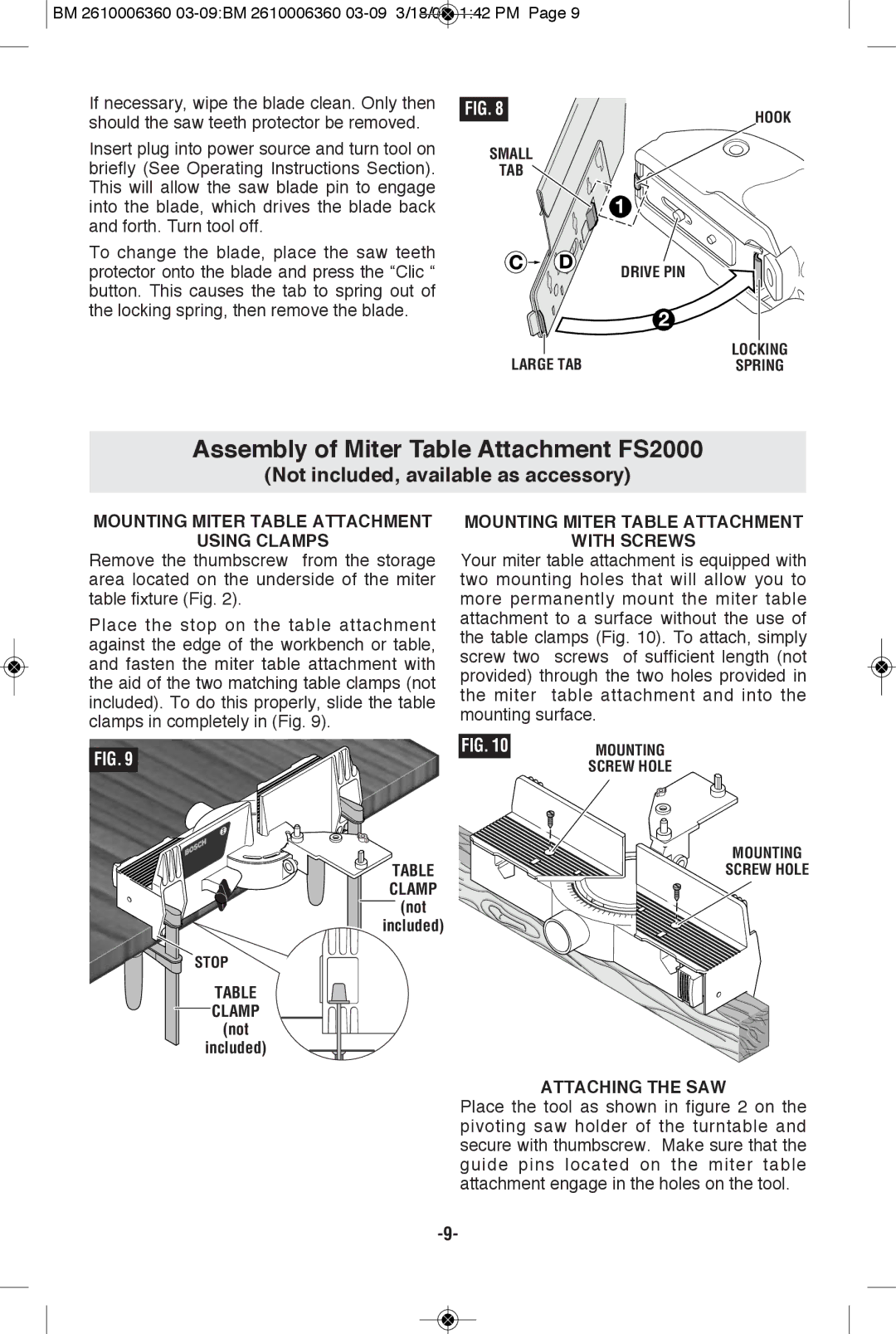 Bosch Power Tools 1640VS manual Assembly of Miter Table Attachment FS2000, Not included, available as accessory 