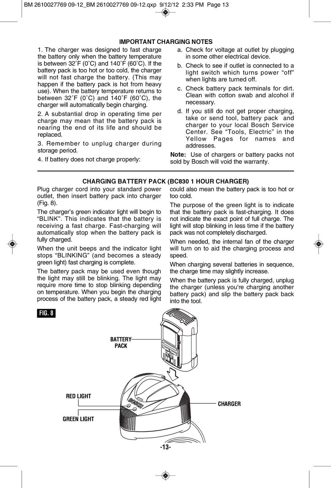 Bosch Power Tools 1651K, 1651B manual Important Charging Notes, Charging BATTERy Pack BC830 1 Hour Charger 