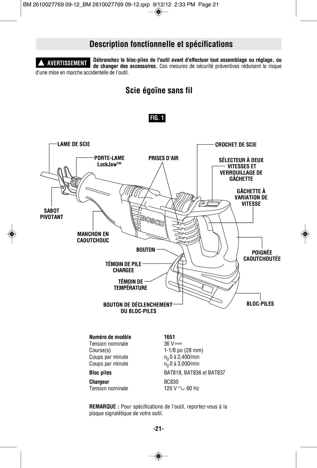 Bosch Power Tools 1651K, 1651B manual Description fonctionnelle et spécifications, Scie égoïne sans fil, Lame DE Scie 