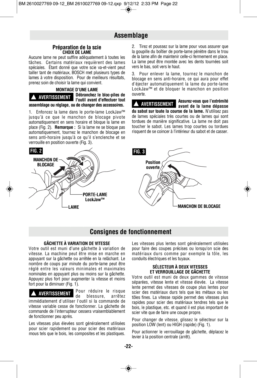 Bosch Power Tools 1651B, 1651K manual Assemblage, Consignes de fonctionnement, Préparation de la scie 