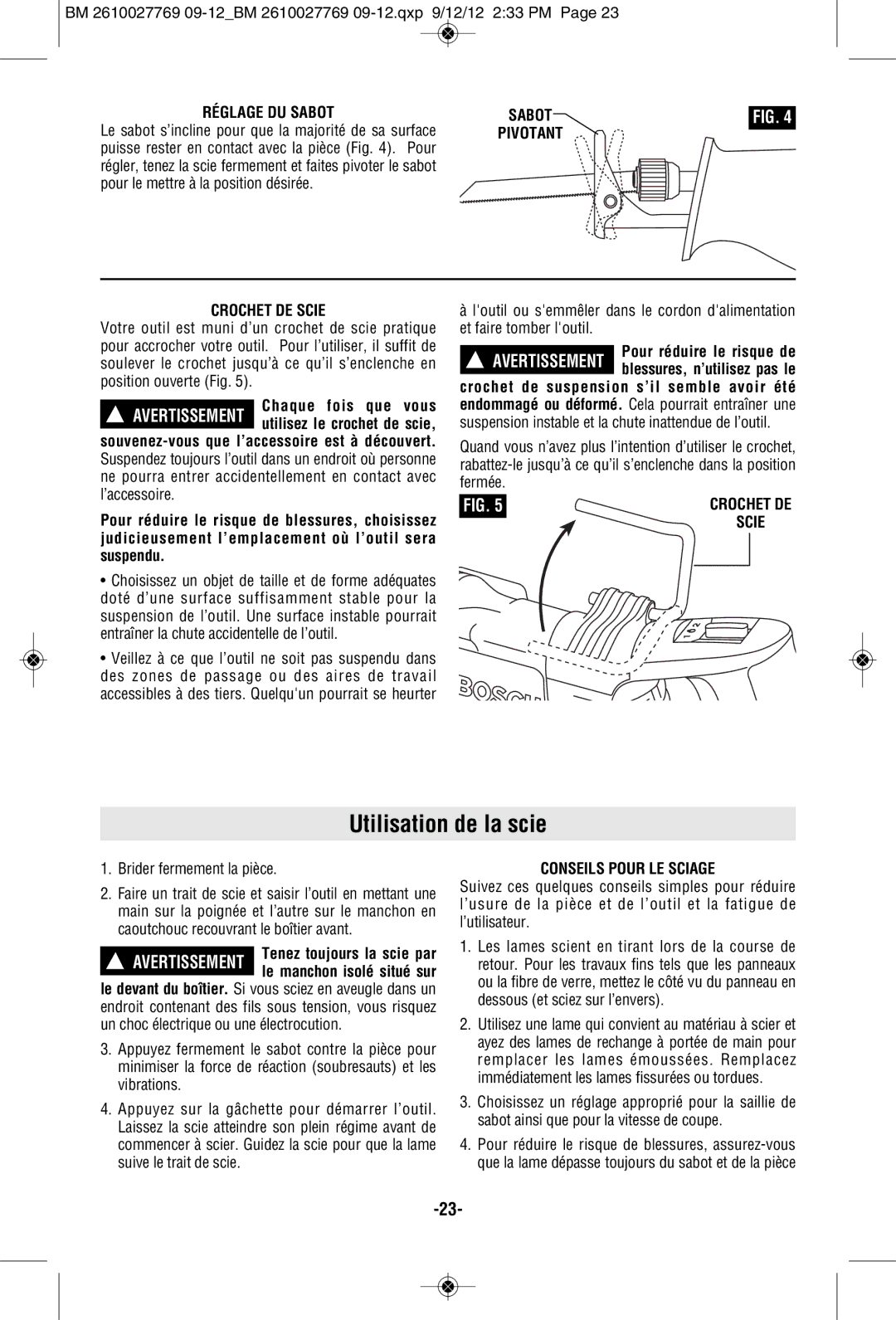 Bosch Power Tools 1651K manual Utilisation de la scie, Réglage DU Sabot, Brider fermement la pièce, Conseils Pour LE Sciage 