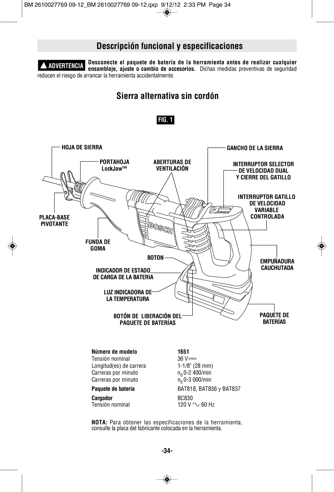 Bosch Power Tools 1651B, 1651K Descripción funcional y especificaciones, Sierra alternativa sin cordón, Hoja DE Sierra 