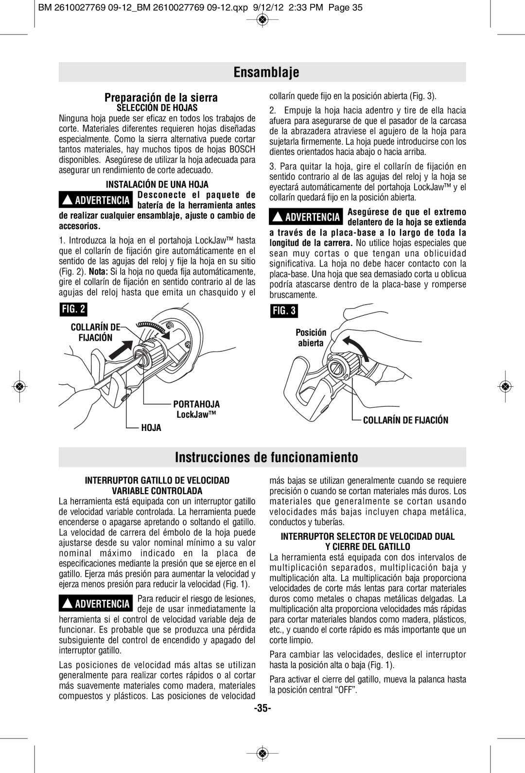 Bosch Power Tools 1651K, 1651B manual Ensamblaje, Instrucciones de funcionamiento, Preparación de la sierra 