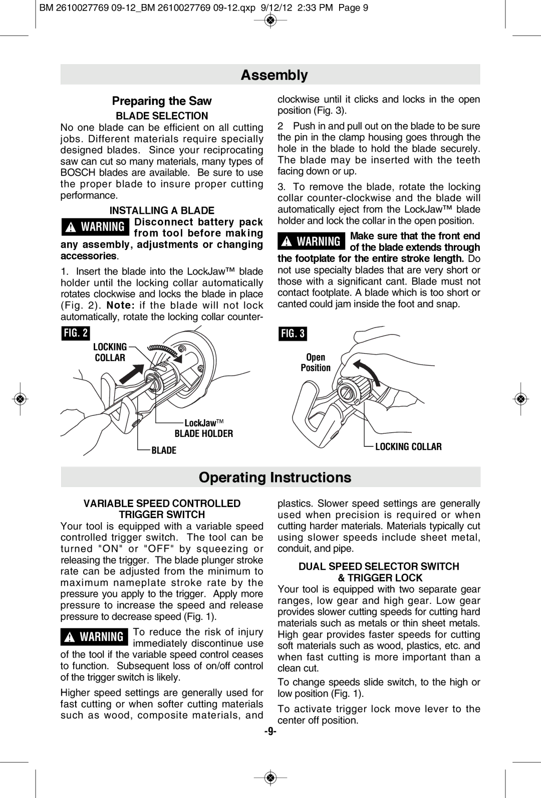 Bosch Power Tools 1651K, 1651B manual Assembly, Operating Instructions, Preparing the Saw 