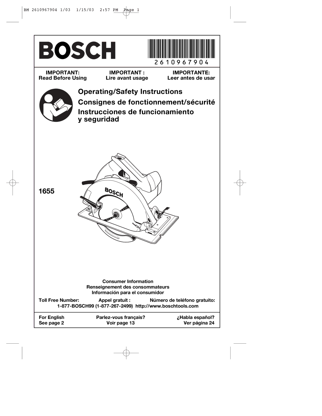 Bosch Power Tools 1655 manual 2610967904 