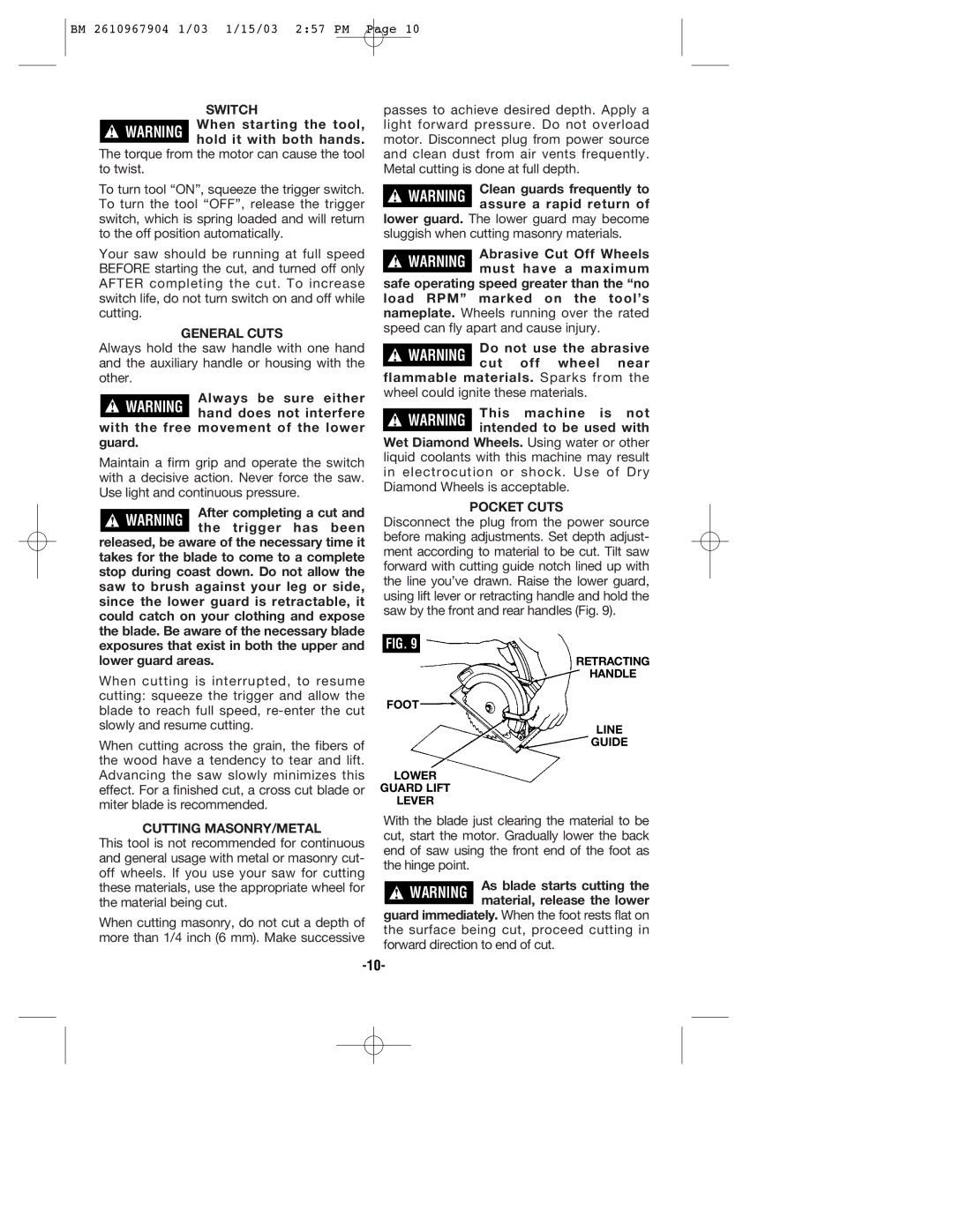 Bosch Power Tools 1655 manual Switch, General Cuts, Cutting MASONRY/METAL, Pocket Cuts 