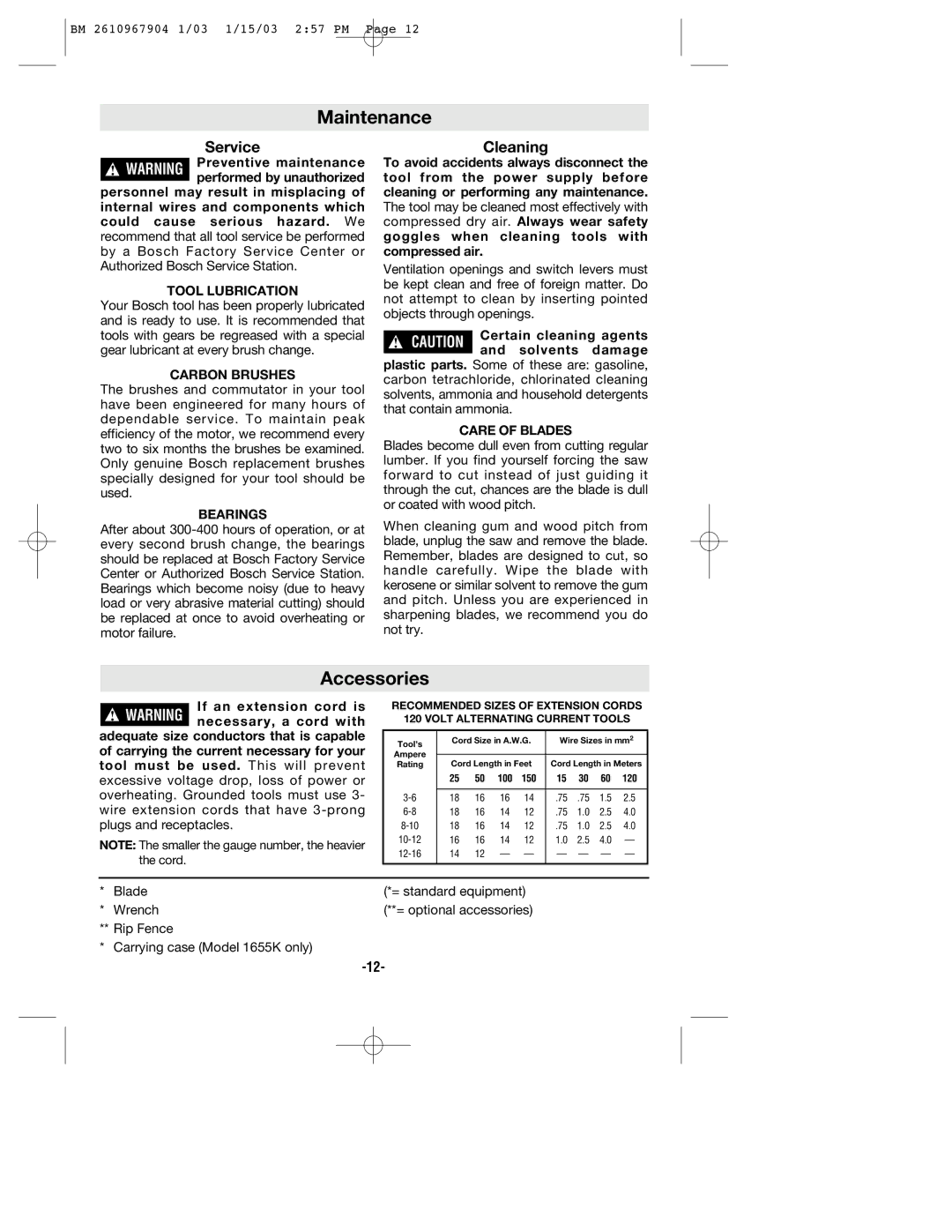 Bosch Power Tools 1655 manual Maintenance, Accessories 