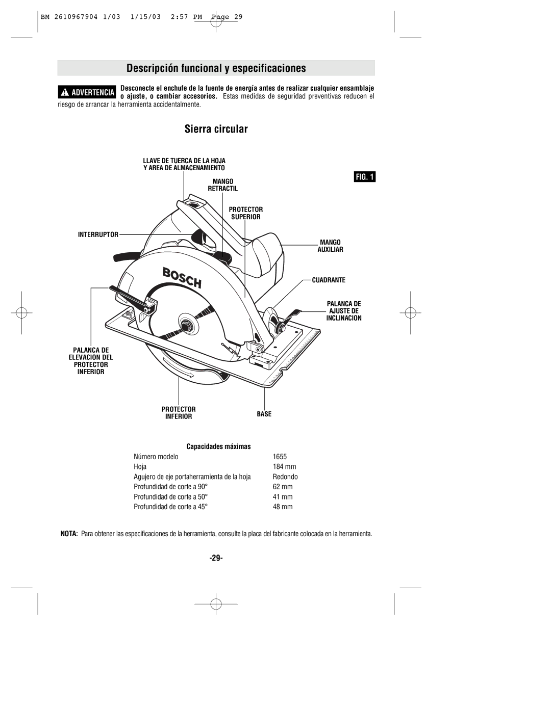 Bosch Power Tools 1655 manual Descripción funcional y especificaciones, Sierra circular 