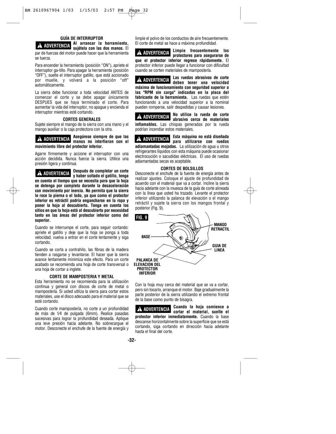 Bosch Power Tools 1655 Guía DE Interruptor, Cortes Generales, Movimiento libre del protector inferior, Cortes DE Bolsillos 