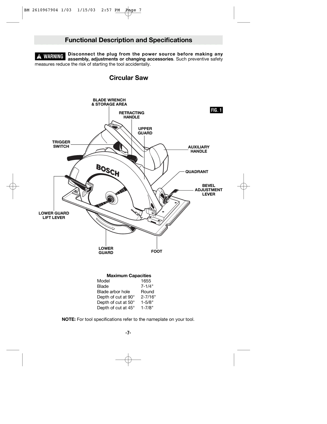 Bosch Power Tools 1655 manual Functional Description and Specifications, Circular Saw 