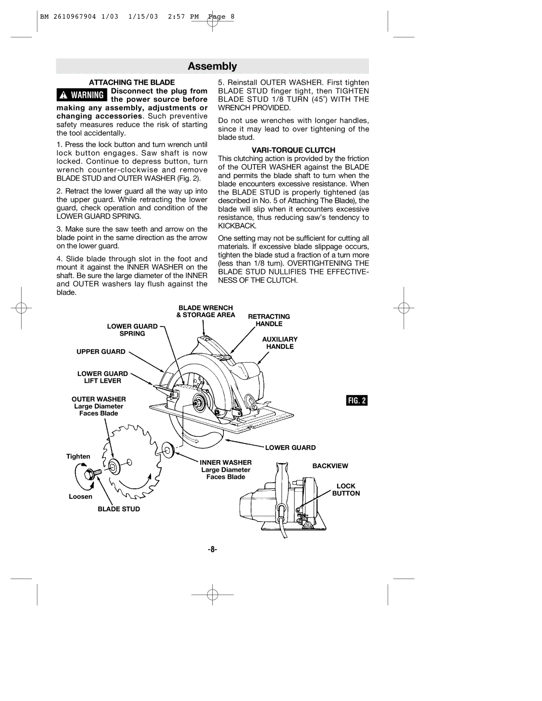 Bosch Power Tools 1655 manual Assembly, Attaching the Blade, VARI-TORQUE Clutch 