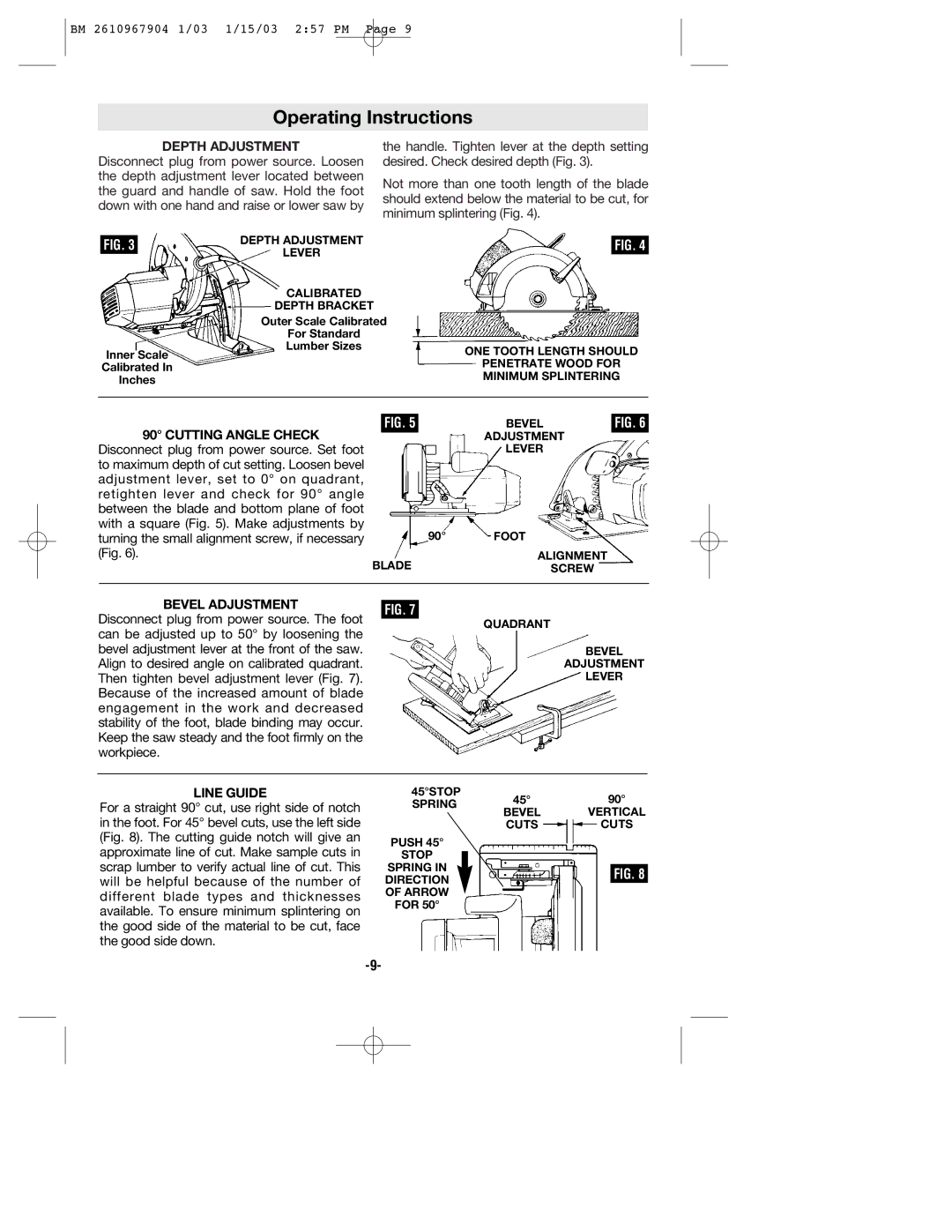 Bosch Power Tools 1655 manual Operating Instructions, Depth Adjustment, Cutting Angle Check, Bevel Adjustment, Line Guide 