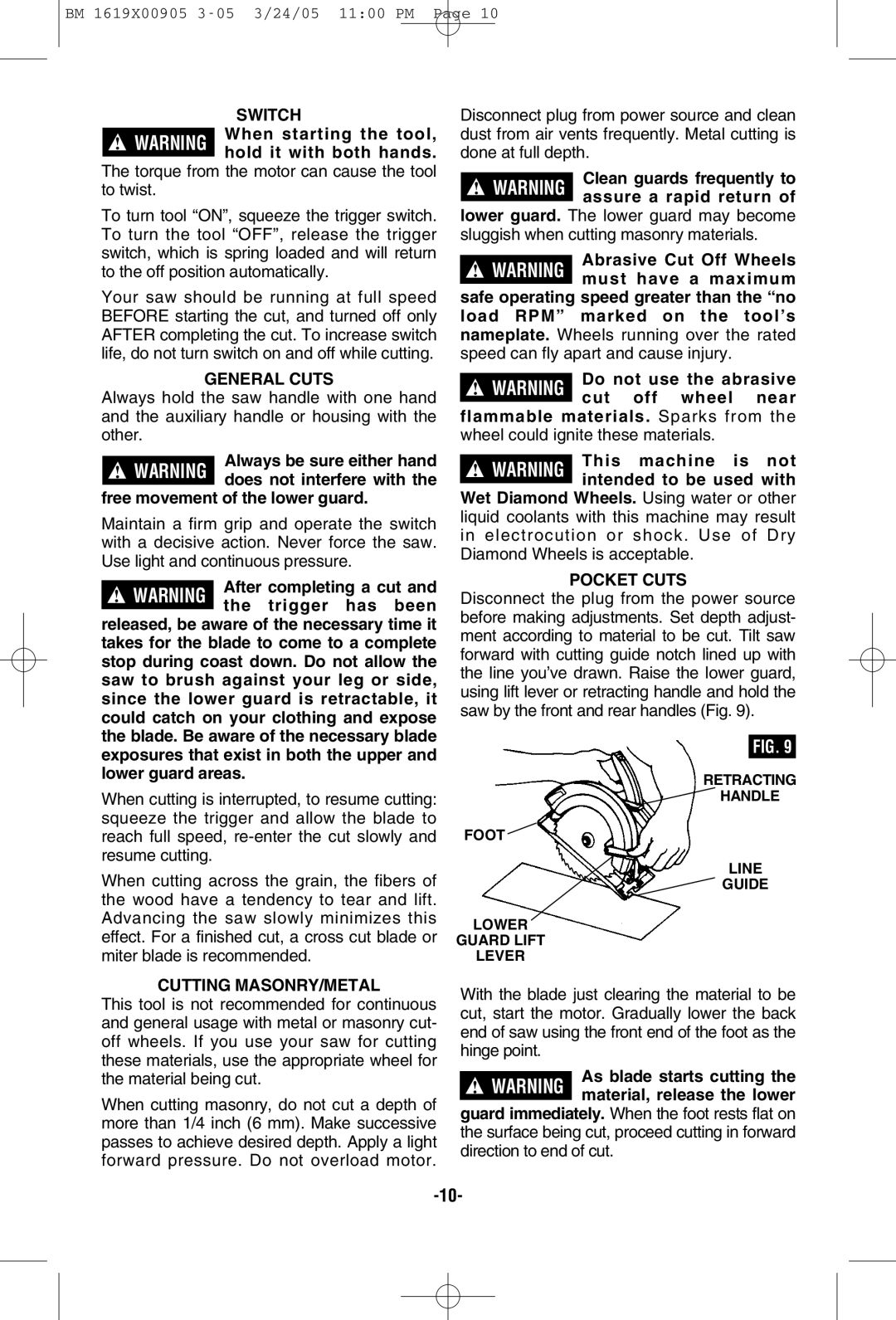 Bosch Power Tools 1656 manual Switch, General Cuts, Cutting MASONRY/METAL, Pocket Cuts 