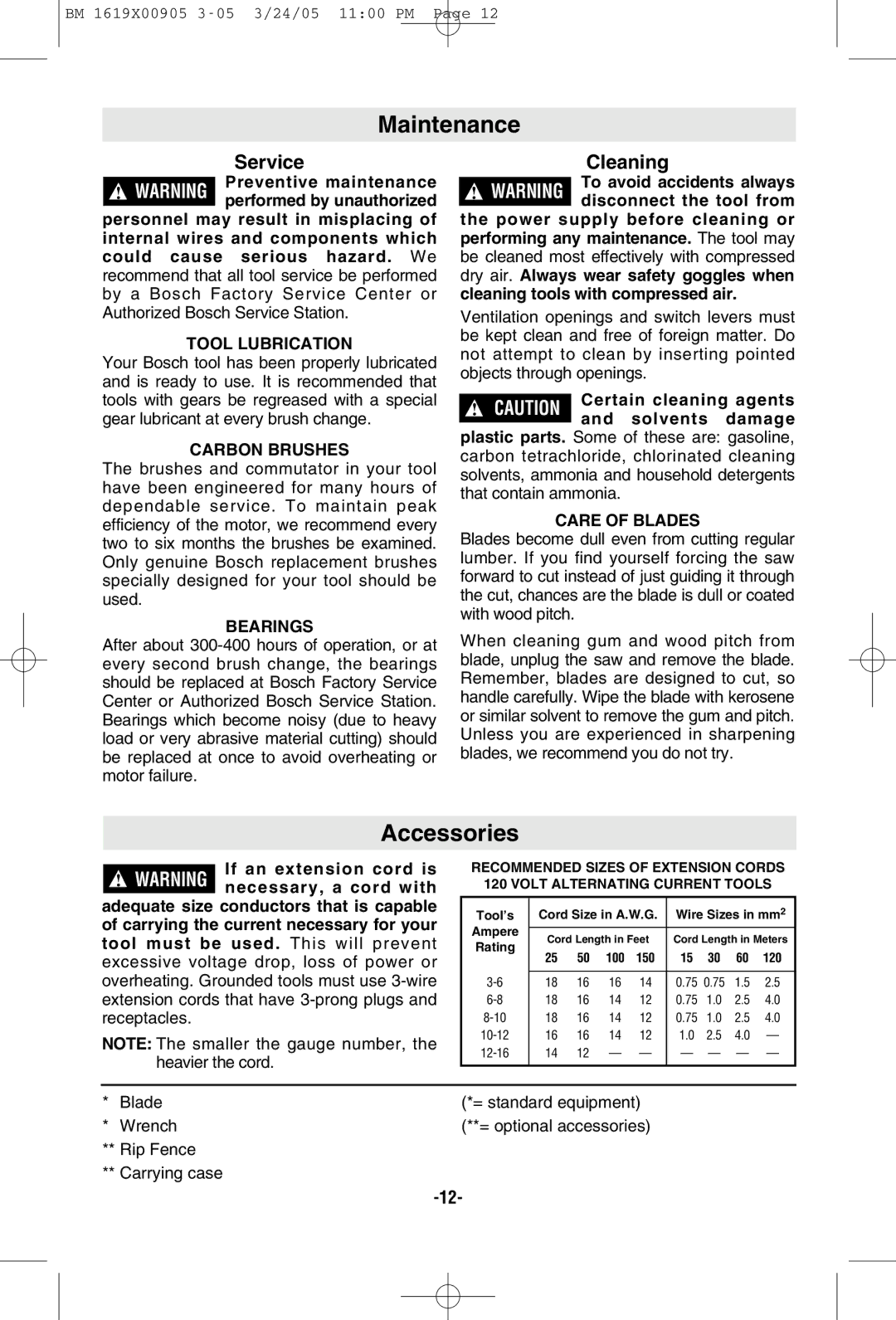 Bosch Power Tools 1656 manual Maintenance, Accessories 