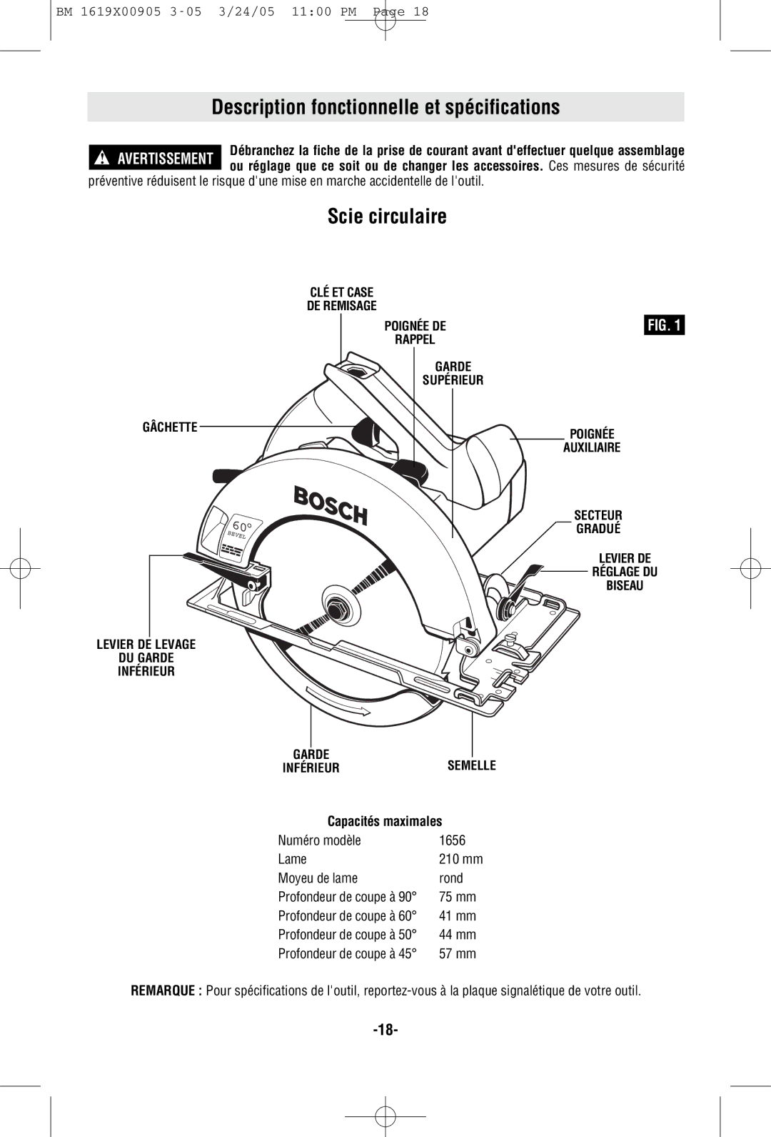Bosch Power Tools 1656 manual Description fonctionnelle et spécifications, Scie circulaire, Capacités maximales 
