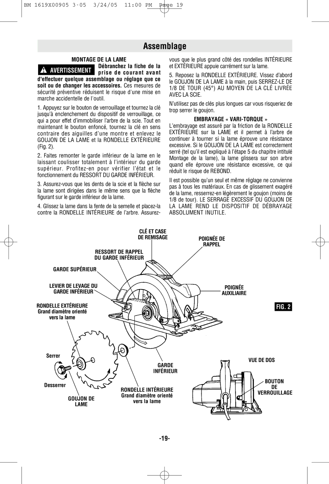 Bosch Power Tools 1656 manual Assemblage, Montage DE LA Lame, Embrayage « VARI-TORQUE » 