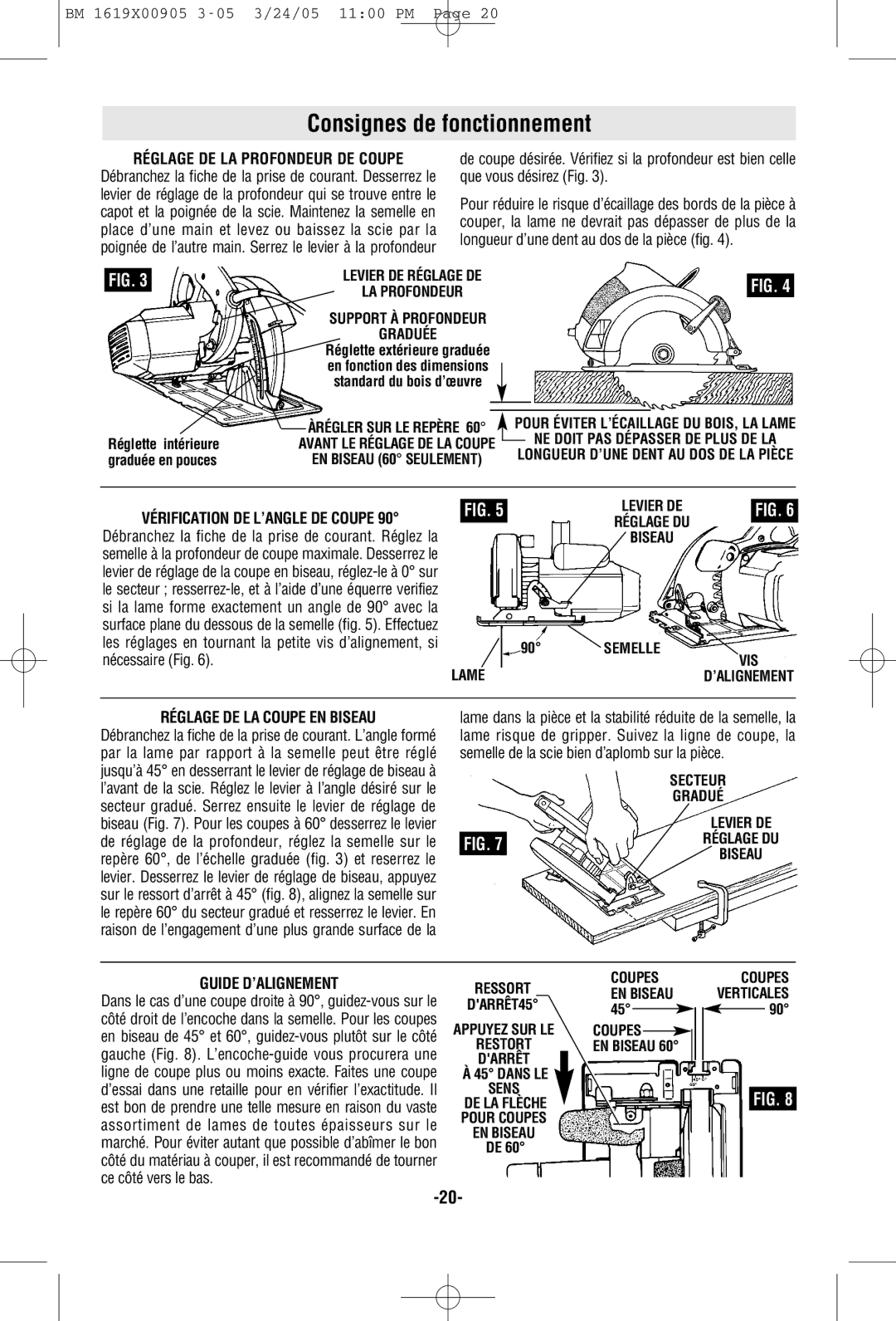 Bosch Power Tools 1656 manual Consignes de fonctionnement, Réglage DE LA Profondeur DE Coupe, Réglage DE LA Coupe EN Biseau 