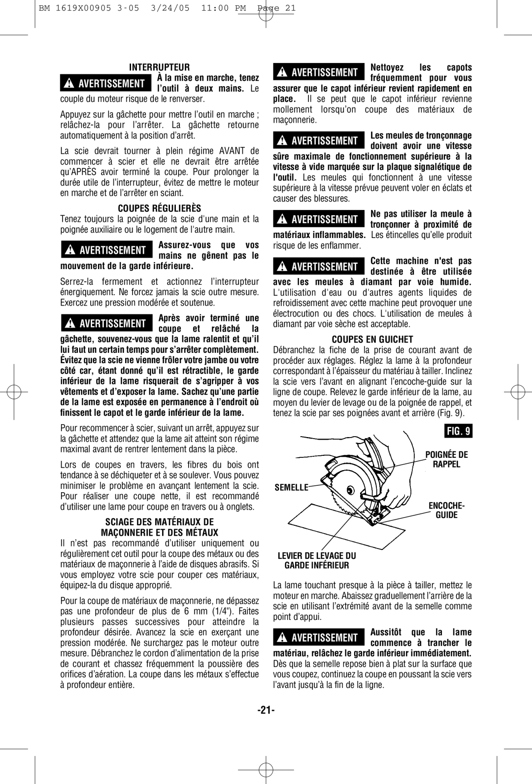 Bosch Power Tools 1656 manual Interrupteur, Coupes Régulierès, Sciage DES Matériaux DE Maçonnerie ET DES Métaux 