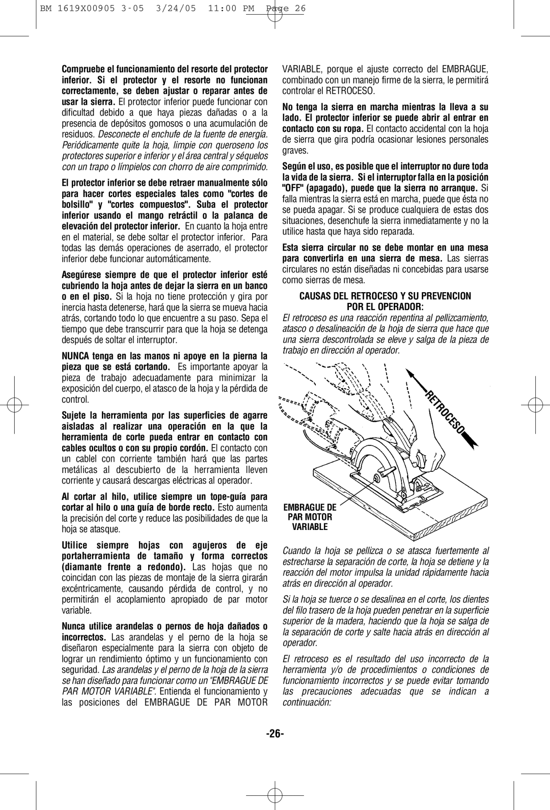 Bosch Power Tools 1656 manual Causas DEL Retroceso Y SU Prevencion POR EL Operador, Embrague DE PAR Motor Variable 