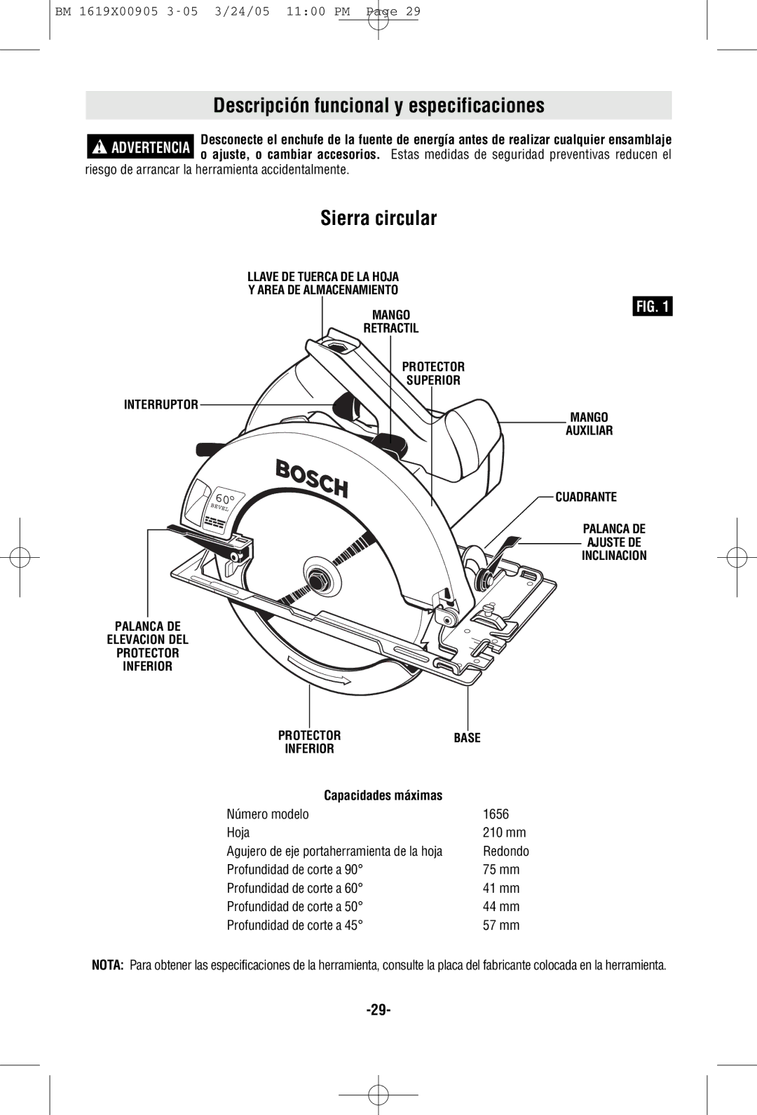 Bosch Power Tools 1656 manual Descripción funcional y especificaciones, Sierra circular 